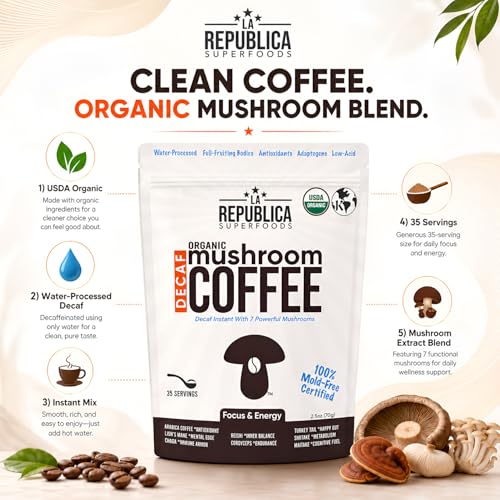La Republica DECAF Organic Mushroom Coffee (35 Servings) with 7 Superfood Shrooms, Great Tasting Instant Mix Includes Lion's Mane, Reishi, Chaga, Cordyceps, Shiitake, Maitake, and Turkey Tail (Decaffeinated)