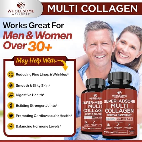Wholesome Wellness Super-Absorb Multi Collagen Pills (Type I II III V X) Organic Herbs & Bioperine - Hair, Skin