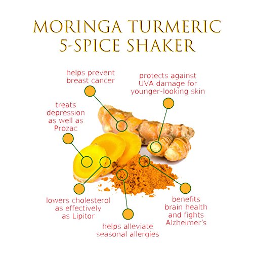 Moringa Turmeric 5 Spice Seasoning 4oz Fresh Turmeric Powder, Moringa Leaf Powder, Pink Himalayan Sea Salt, Black Pepper & Garlic. Moringa Shaker