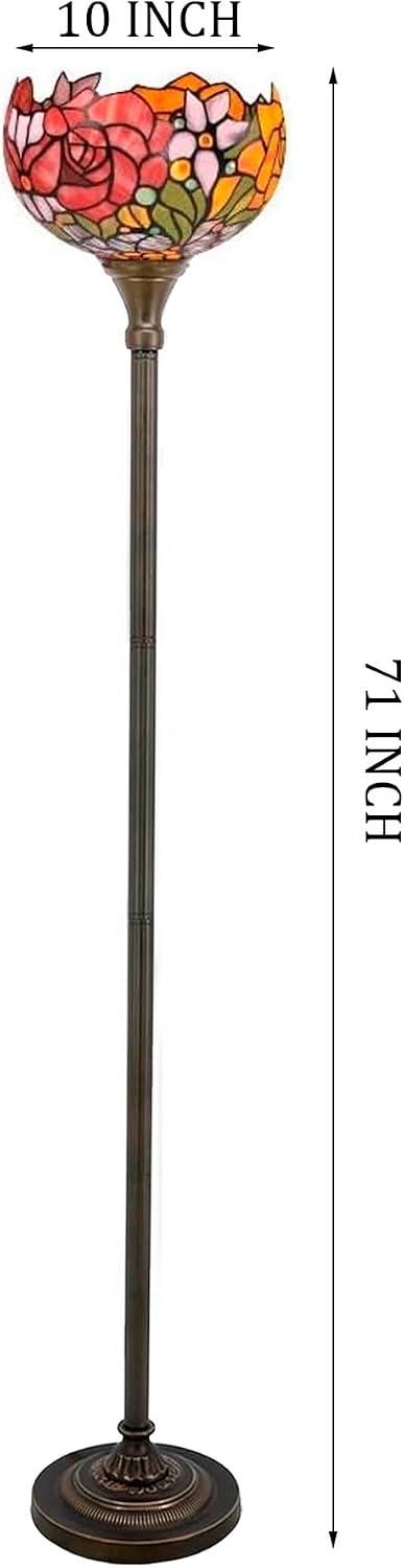 WERFACTORY Tiffany Floor Lamp Red Rose Flower Stained Glass Light Torchiere | 10X10X71 Inches Pole Standing Corner Torch Uplight Decor Bedroom