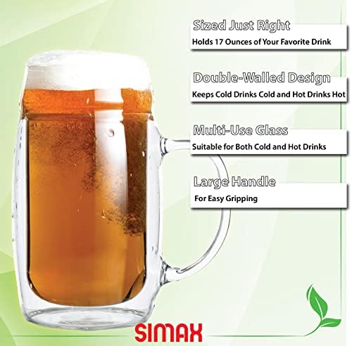 SIMAX Double Walled Insulated Beer Glasses - Freezable, 17 Oz, Men's Frozen Beer Mugs with Handles (1)