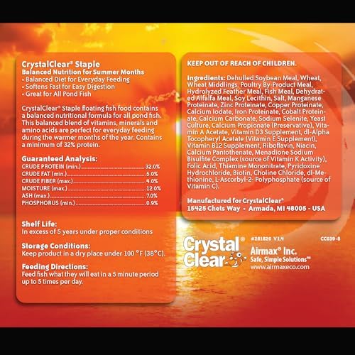 CrystalClear Staple Pond Fish Food for Koi & Goldfish, 8.8 Pound Bucket | Protein packed floating pellets for summer nutrition with easy digestion to support healthy growth and vitality