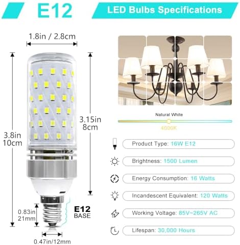 LEDLightsWorld Super Bright E12 LED Corn Bulbs, 16W 1500LM Bulbs, Daylight White 6000K Lights, CRI80+, 120W Incandescent Bulb Equivalent