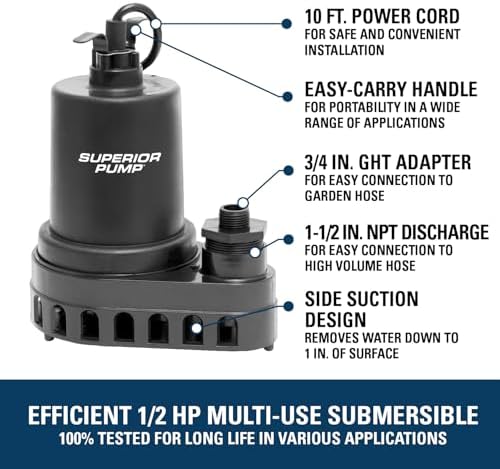 Superior Pump 91570 3300GPH Thermoplastic Submersible Utility Pump with 10-Foot Cord, 1/2 HP