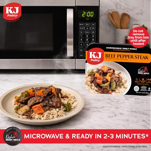 KJ Poultry Kosher Ready Meals - Beef Pepper Steak & Rice, MRE Meat Meals Ready to Eat (1 Pack) Prepared Entree Fully Cooked, Shelf Stable Microwave Dinner Travel, Military, Camping, Emergency Survival