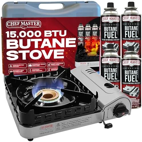 Chef Master 15,000 BTU Butane Portable Camp Stove | Double Wind-Guard Portable Stove Burner w/Piezo Click Ignition for Emergencies, Tailgating, Hiking, Backpacking & Camping Essentials - 90019