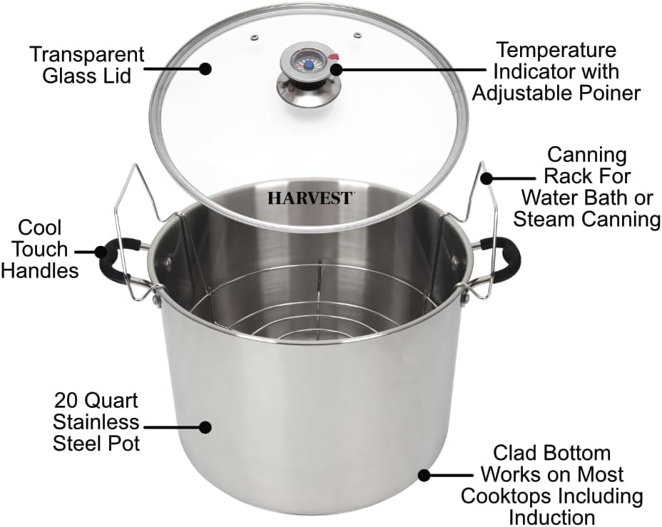 Harvest Stainless Steel 20 Qt Canning Pot with Rack | Water Bath or Steam Canning | Works on All Stovetops Including Induction, Glass, Gas (Stainless Steel Canner + Tools) (Stainless Steel Canner)