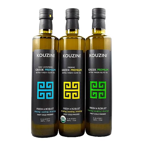 Kouzini Triple Olive Oil Bundle, Premium Greek, Organic, and Raw Unfiltered Extra Virgin Olive Oil, For Kitchen, Grill, Salad Dressings, 500ml Bottles