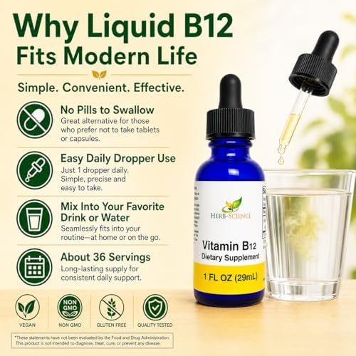 Liquid Vitamin B12 – Cold-Pressed, High Absorption, Vegan, Alcohol-Free, Sublingual B12 Drops, Cyanocobalamin, No Artificial Flavors