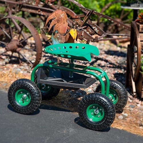 Sunnydaze Rolling Garden Cart with Swivel Seat and Storage, Green | Steel Rolling Gardening Seat with Utility Tray, and Basket for Storage, Rotating, Swiveling Motion