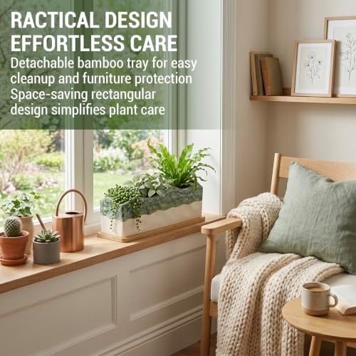 MyGift Beige Green Ceramic Glazed Rectangular Succulent Planter Pot