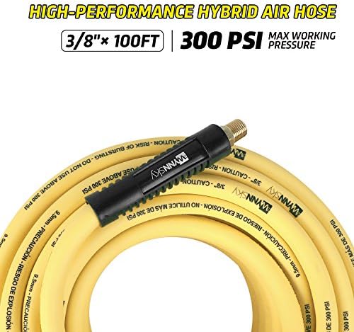 3/8" Hybrid Air Hose 50ft 1/4" MNPT Air Compressor Hose Heavy Duty Lightweight Hybrid and Bend Restrictor Fittings