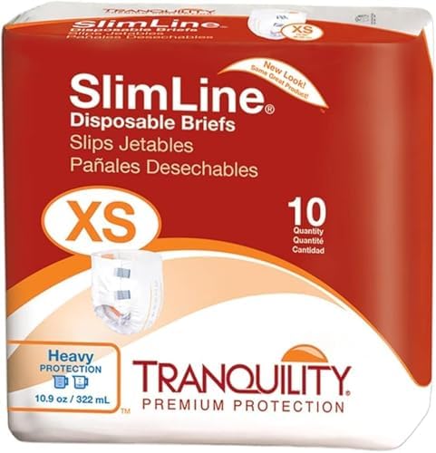 Tranquility Slimline Original Adult Disposable Brief, Adult X-Small, Incontinence Care with a Slimmer Fit, Peach Mat Core & Kufguard Technology for Max Comfort, Latex-Free, 10.9oz Capacity, 100ct Case