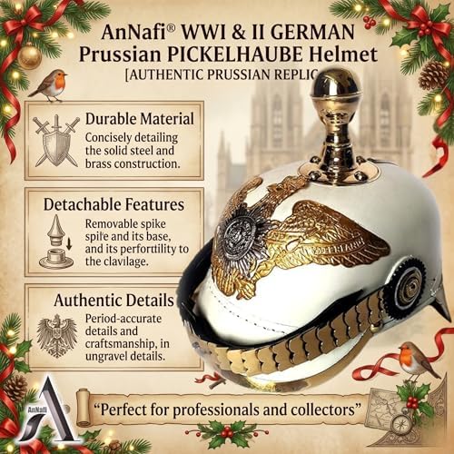 AnNafi® White German Pickelhaube Helmet | Leather Pickelhauben Imperial Prussian Helmets | Brass Military Officer Round Top Men’s Costume | WWI &