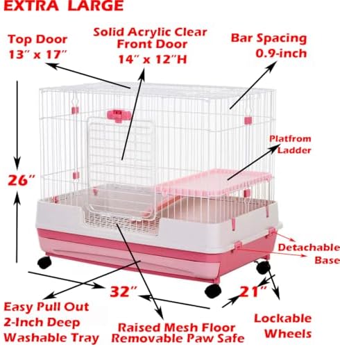 Mcage Extra Large Cage for Guinea Pig, Black, 32"L x 21"W x 28"H, Roomy, Easy to Clean, Anti-slip Step Ramp, Safety Lockable Casters, No Tools Needed