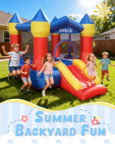AirMyFun Pink Inflatable Toddler Bounce House with Blower, Indoor/Outdoor Jumping Castle for Kids 3-8, Inflatable Bouncy House with Slide, 82011B