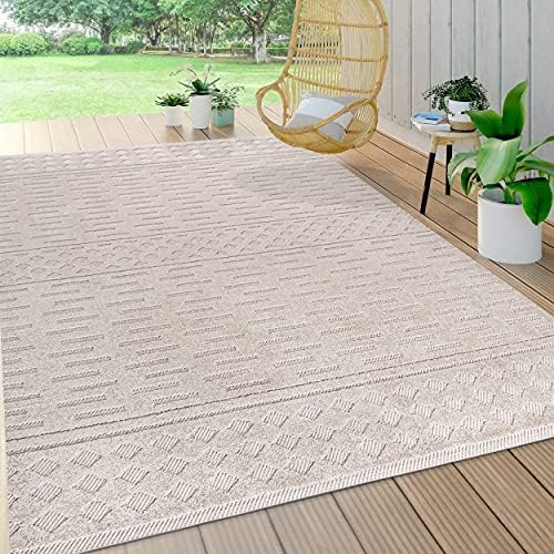 JONATHAN Y Moroccan Geometric Indoor Outdoor Area Rug 3X5 Beige, Xlendi High-Low Pile for Backyard, Patio, Porch, Easy-Cleaning, High Traffic