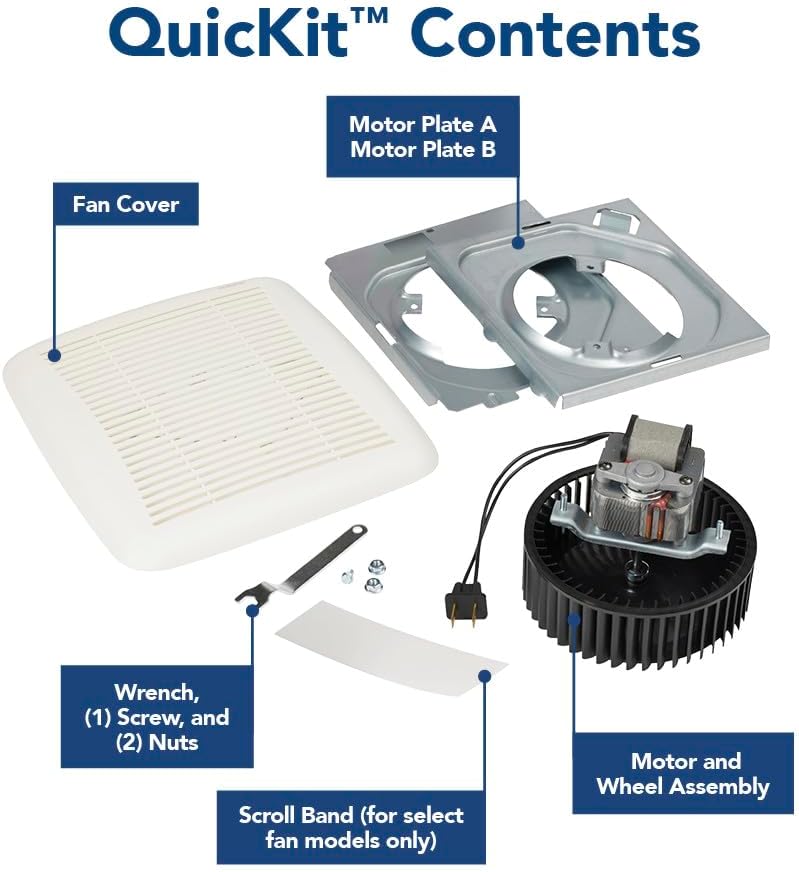 Broan-NuTone BKR60 QuickKit Ultra-Quiet Bath Fan Replacement Motor and Cover/Grille, 60 CFM, 20% more power, White