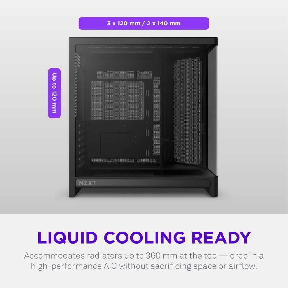 NZXT H6 - Compact Dual-Chamber ATX PC Case - White | Dual-chamber ATX case supporting up to 10 120mm fans and 360mm radiators, with back-connect motherboard compatibility.