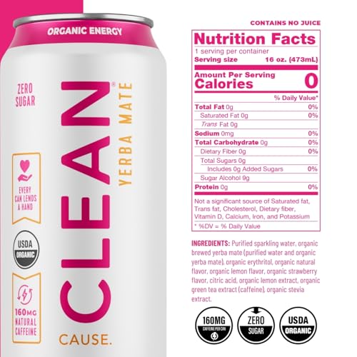 CLEAN Cause Zero Sugar Yerba Mate Organic Energy Orange Ginger, 12Pack 16oz