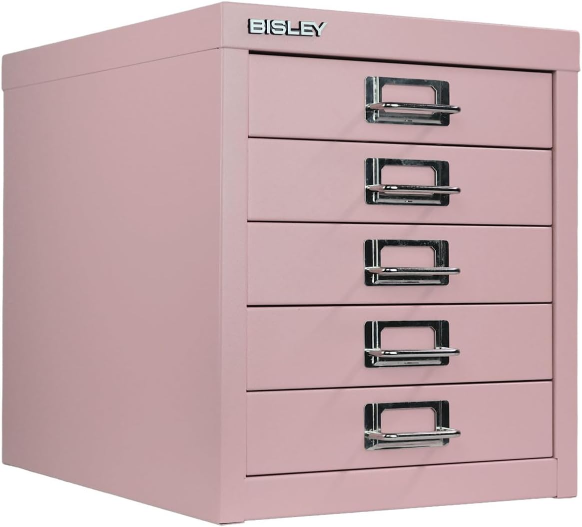 5-Drawer Steel MultiDrawer Cabinet - Orange, by Bisley | Chrome Pull Handles with Label Holders, Powder-Coated Steel, Removable Drawers, Desktop Storage, Labels Included
