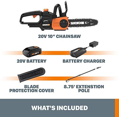 WORX Cordless Chainsaw, 20V 10" 2-in-1 Pole Saw with Auto-Tension, WG323 | 12' extra reach with pole, weighs 10 lbs, auto-tension chain adjustment