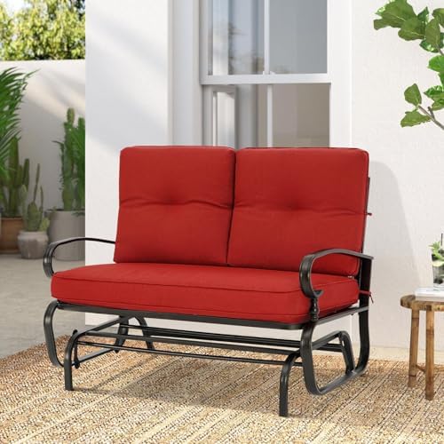 Outdoor Glider Rocking Bench 2 Person Patio Loveseat Steel Frame Furniture Set with Removable Cushion for Patio, Garden, Yard, Porch (Red)