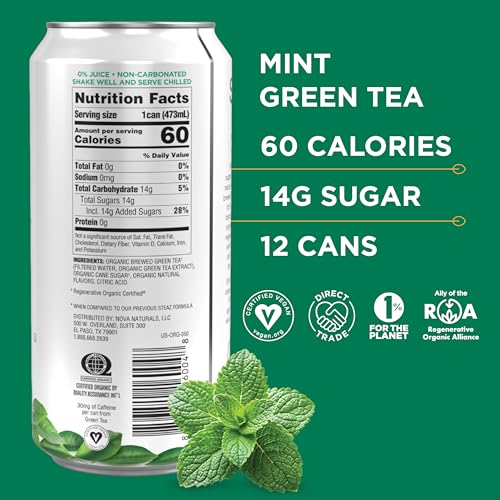 Steaz - Organic Green Tea - Peach (12 Pack) - 30mg Natural Caffeine, 70 Calories,Cane Sugar - Sweetened Iced Tea - Regenerative Organic Certified®️ - Vegan, Direct Trade - 12 Cans, 16 fl oz