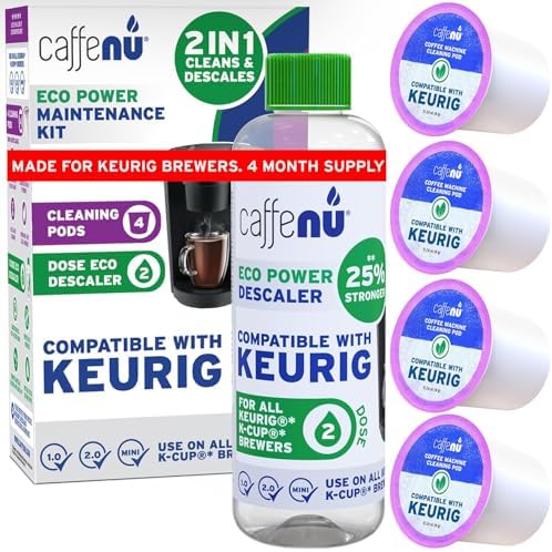 Caffenu Keurig Compatible Descaling Solution and Cleaning Pods Kit, 4 Uses | Descaler & Cleaner for Keurig