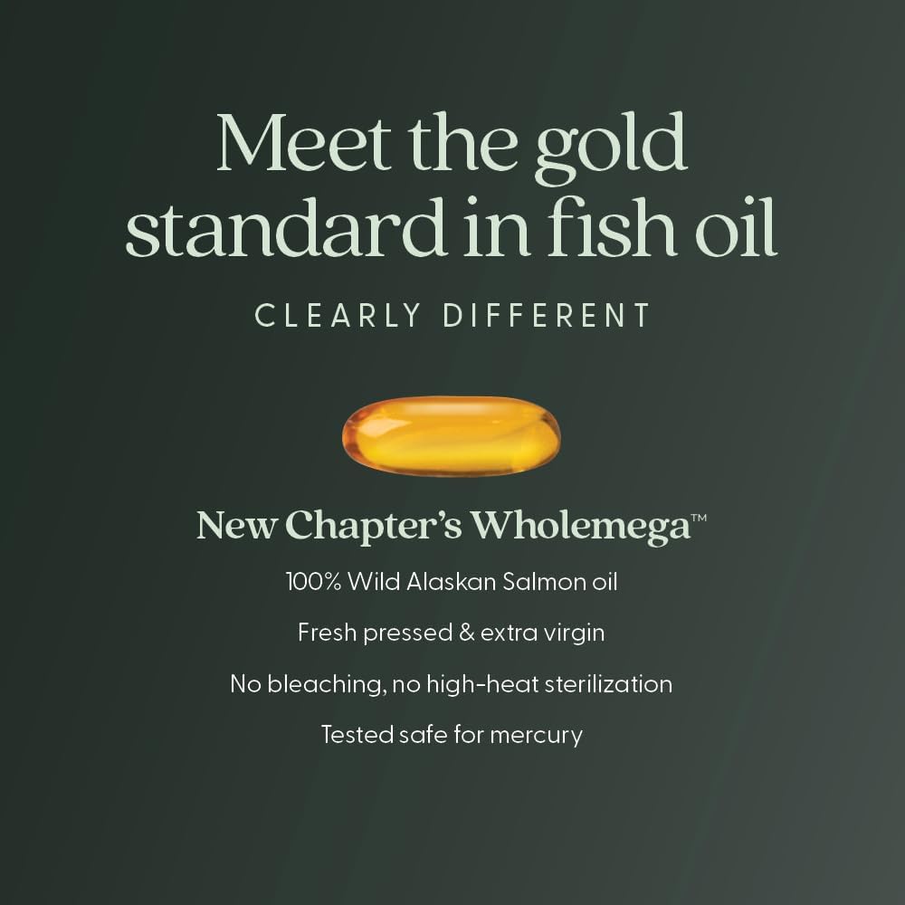New Chapter Wholemega Fish Oil Supplement - 2000mg per Serving, Clinically Proven Wild Alaskan Salmon Oil with Omega-3 + Vitamin D3 + Astaxanthin, 120 Softgels