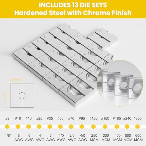 10 Tons Hydraulic Crimping Tool, 12 to 2/0 AWG battery cable crimper | 9 Pairs of Dies hydraulic crimper, for Battery Cable Lugs, Cable Railing, Marine, RV and Solar Wiring