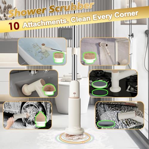 Electric Spin Scrubber, 2600mAh Battery with Extra-Long Runtime, 10 Brush Heads, IPX7 Waterproof Power Shower Scrubber with Long Handle