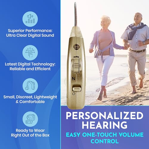 Digital Hearing Amplifiers - Rechargeable BTE Personal Sound Amplifier Pair with USB Dock - Premium Gold Behind The Ear Sound Amplification - by