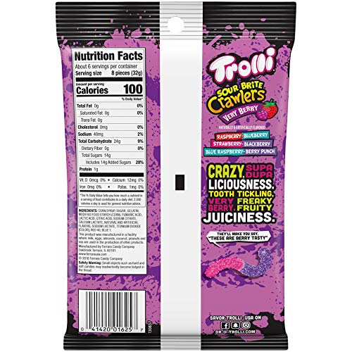 Trolli Sour Brite Crawlers Candy, Very Berry, Sweet and Sour, Gummy Worms, 7.2 oz