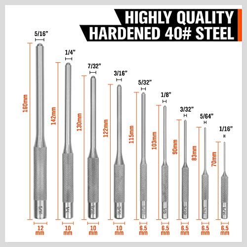 9-Piece Roll Pin Punch Set - Fast Pin Removal - Durable Steel & Construction - For Automotive, Firearm Maintenance, Watch
