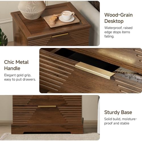 Gyfimoie Tall Nightstand with 4 Drawers Walnut Fluted Bedside Table | Stylish Fluted Design, Rich Walnut Finish, Gold Bar Pulls