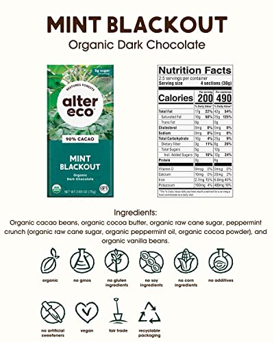 Alter Eco | Dark Chocolate Bars | Pure Dark Cocoa, Fair Trade, Organic, Non-GMO, Gluten Free (Mint Blackout)