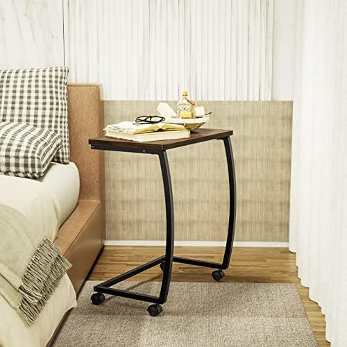 SRIWATANA Walnut C Shaped Side Table, Vintage End Table for Sofa Couch Bed