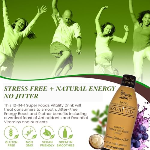 Nzuri Vida All-Natural Energy & Stress Support Tonic – 10-in-1 Total Body Restoration Drink with Acai Berry, Cupuacu & Yerba Mate – Smooth Energy