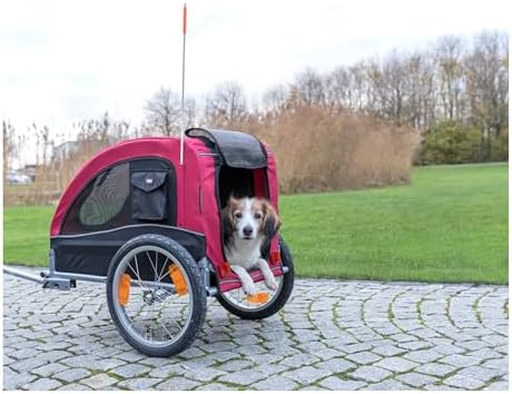 TRIXIE Medium Dog Bike Trailer - Foldable Pet Bicycle Trailer for Dogs up to 48lbs – Features Quick Fastening Wheels, 2 Doors, Safety Leash & Waterproof Carrier - 50 x 25 x 26.5in - Black/Red