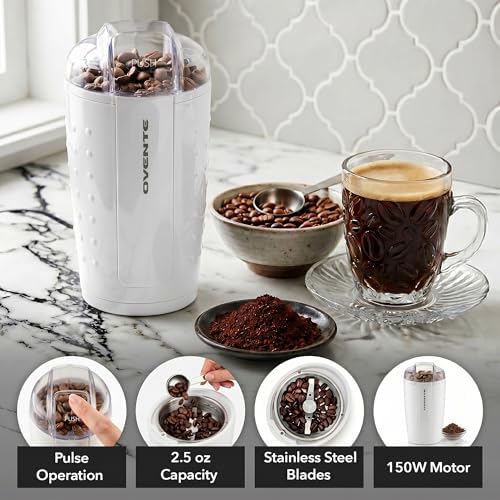 OVENTE Electric Coffee Grinder with One Touch Push-Button, White CG225W | 2.5oz Capacity, 150W Motor, Stainless Steel Blades for Uniform Grinding of Beans, Spices, Herb, Nuts & More, Safety Lock Lid