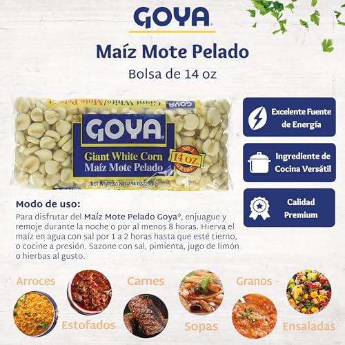 Goya Giant White Corn, Whole White Hominy, Maíz Mote Pelado, Hominy, 14oz | Whole White Hominy, Mexican Corn, Dried White Corn Kernels