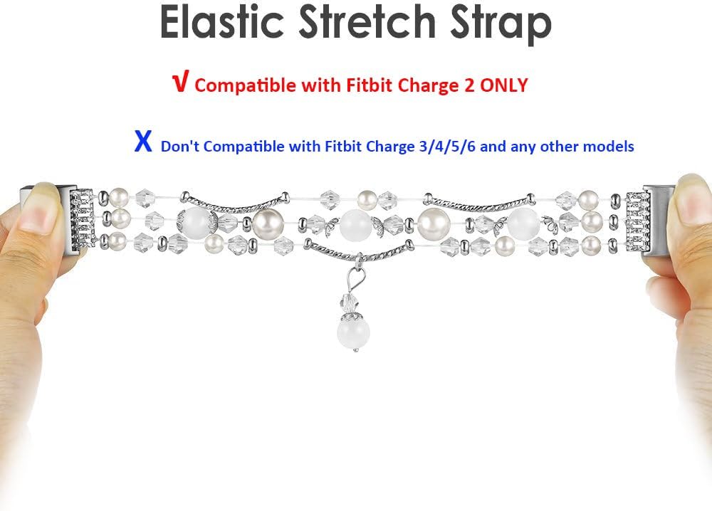 Simpeak 5.8-7.2 Fashion Band Compatible with Fitbit Charge 2 Smartwatch, Elastic Women Beaded Band Replacement for Fitbit Charge 2 Only, White