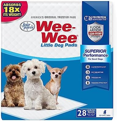 Four Paws Wee-Wee Superior Performance Little Dog Pee Pads, 28 Count | Quilted leak-proof puppy pads, dog housebreaking & potty training