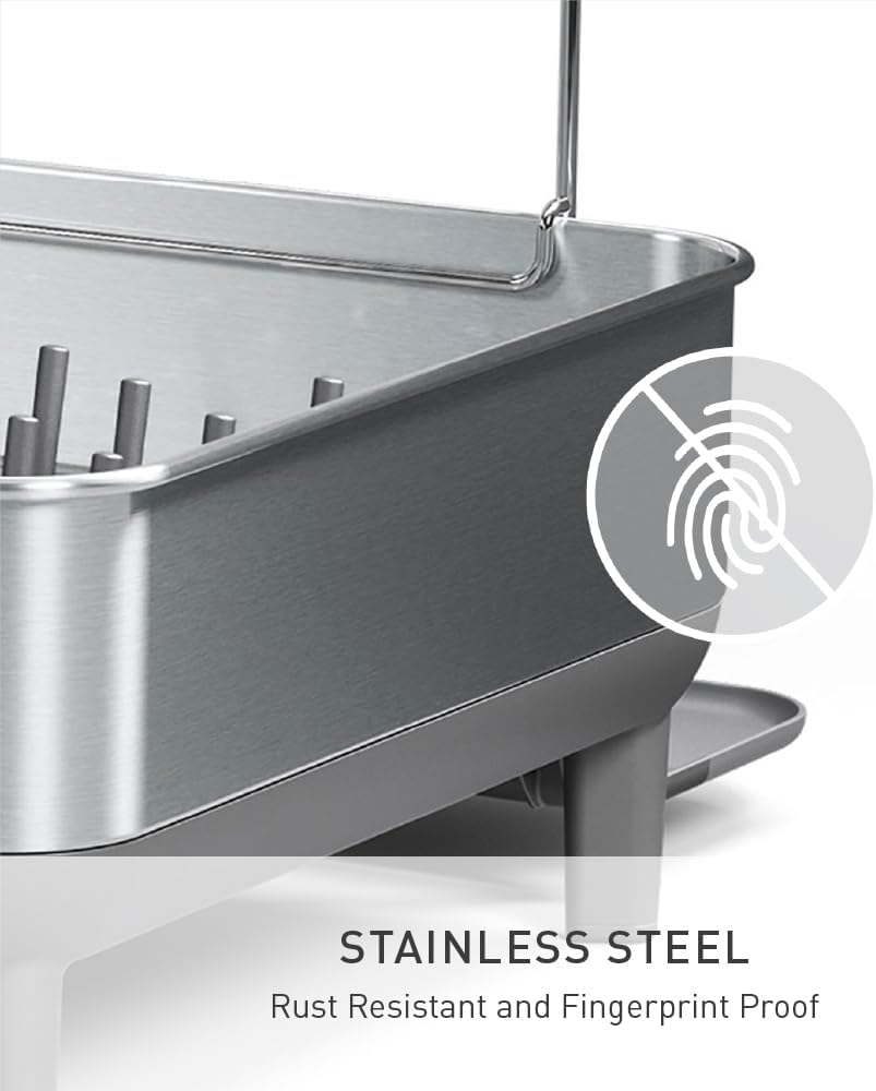 simplehuman Steel Frame Dishrack, Large Capacity Dish Drying Rack, 360º Easy Drain Swivel Spout, Utensil & Wine Glass Holder, Anti-Residue Coating
