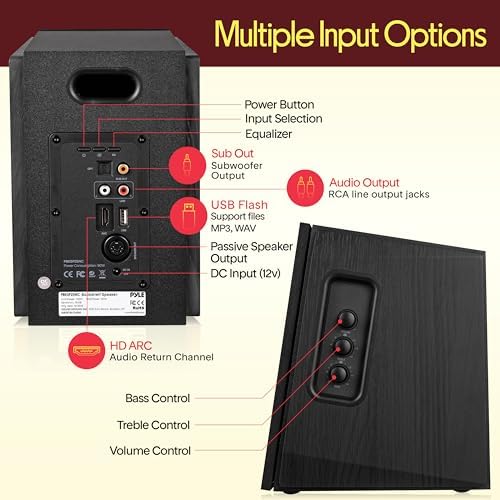 Pyle Powered Bookshelf Speaker System with Bluetooth, 80W Active Stereo Speakers, Bass Reflex Natural Wood Cabinet, Hi Def ARC, Optical, Coax, Subwoofer Out, for Entertainment, Studio (Pair)