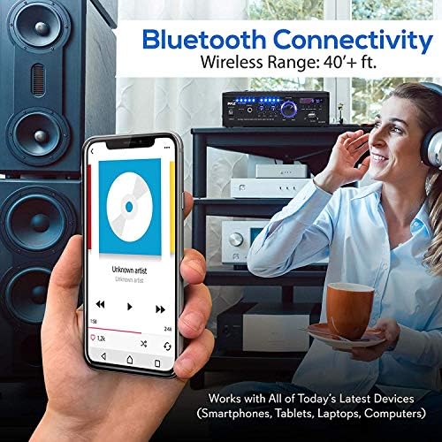 Pyle Home Power Amplifier with Bluetooth Wireless - 2 x 120 Watt Stereo Receiver w/ Blue LED Level Meter, FM Radio, USB-A Input w/ MP3 Player