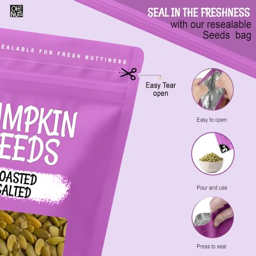 Oh! Nuts Roasted Pumpkin Seeds Salted Pepitas No Shell 2 Pound | Roasted salted pumpkin seeds no shell - Premium pepitas packed in NY - Resealable zip bag for freshness