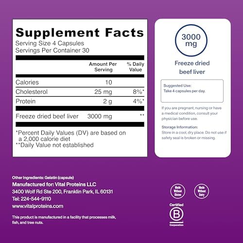 Vital Proteins Grass Fed Beef Liver, 120 Capsules | Grass-Fed Beef Liver, Supports Daily Nutrition, Desiccated Liver Supplement, 30 Servings