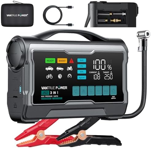 JS3 Real 3250A Jump Starter with Air Compressor 160PSI, 12V Car Battery Booster with Display, Jump Box with Light, Support 65W Fast Charging Power Bank, 10L Gas/8L Diesel Engines